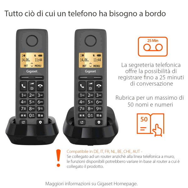 TELEFONO CORDLESS GIGASET PURE 120 DUO NERO